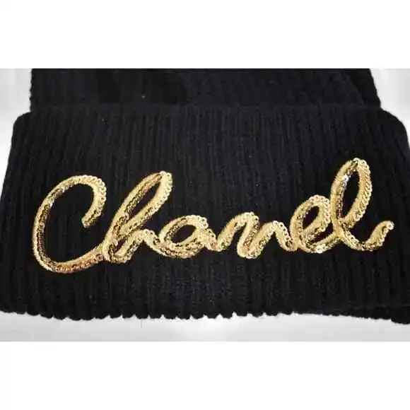 Chanel 22A Cashmere Black Gold Sequin CC Logo Beanie Winter Hat Cap Cloche - Picture 3 of 12